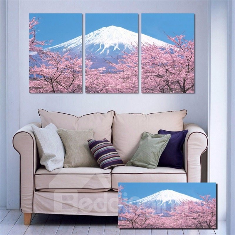 11.8 * 17.7in * 3 piezas Sakura y Snow Mountain Lienzo colgante Impresiones de pared impermeables y ecológicas