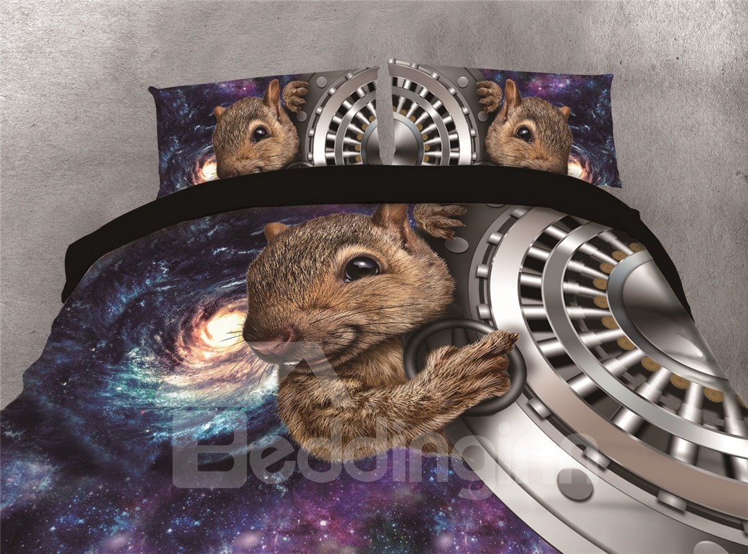 4-teilige 3D-Bettwäsche-Sets/Bettbezüge aus Polyester mit Eichhörnchen- und Galaxie-Druck