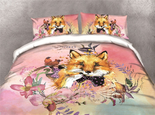 Zorros amorosos y flores Impresión en acuarela Poliéster 3D Juegos de cama / fundas nórdicas de 4 piezas