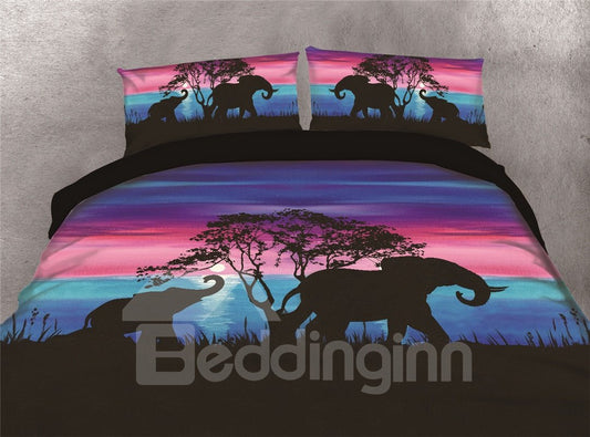 Elefanten, die unter dem Sonnenuntergang spazieren gehen, Aquarelldruck, Polyester, 4-teilig, 3D-Bettwäsche-Sets/Bettbezüge