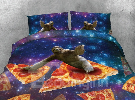 4-teilige 3D-Bettwäsche-Sets/Bettbezüge aus Polyester mit Faultier- und Pizza-Galaxie-Druck