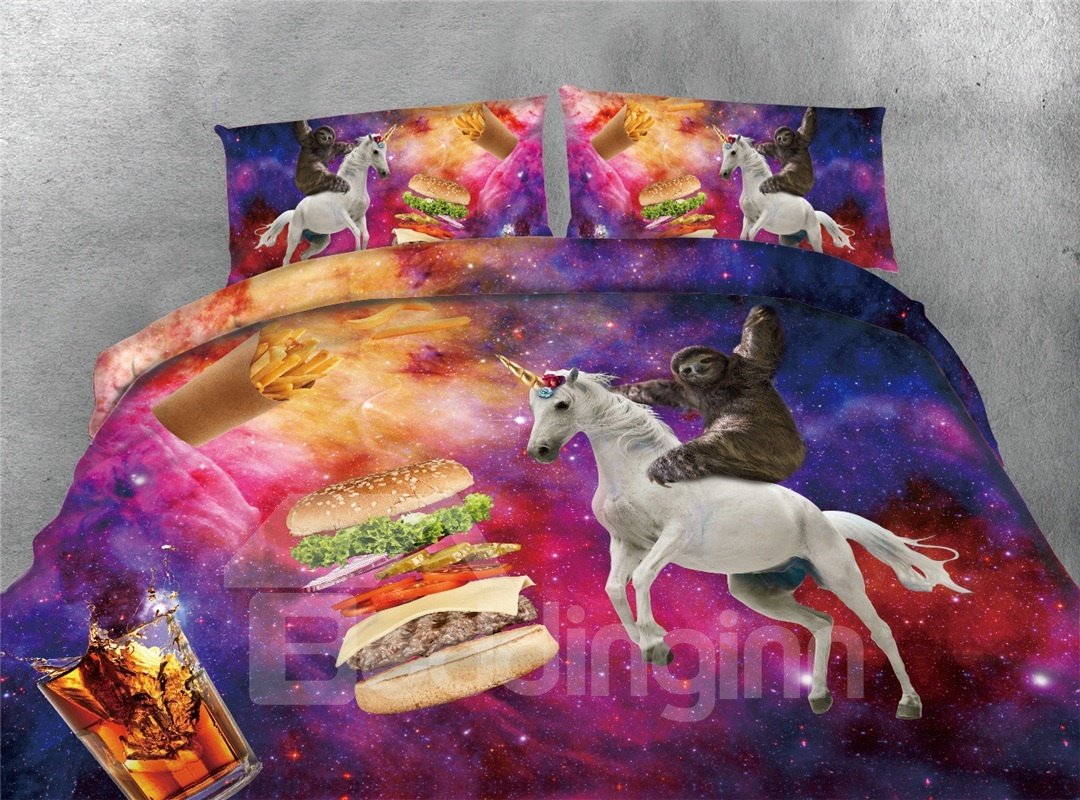 Perezoso montando un unicornio y una hamburguesa con estampado de galaxia, juegos de cama/fundas nórdicas de 4 piezas en 3D