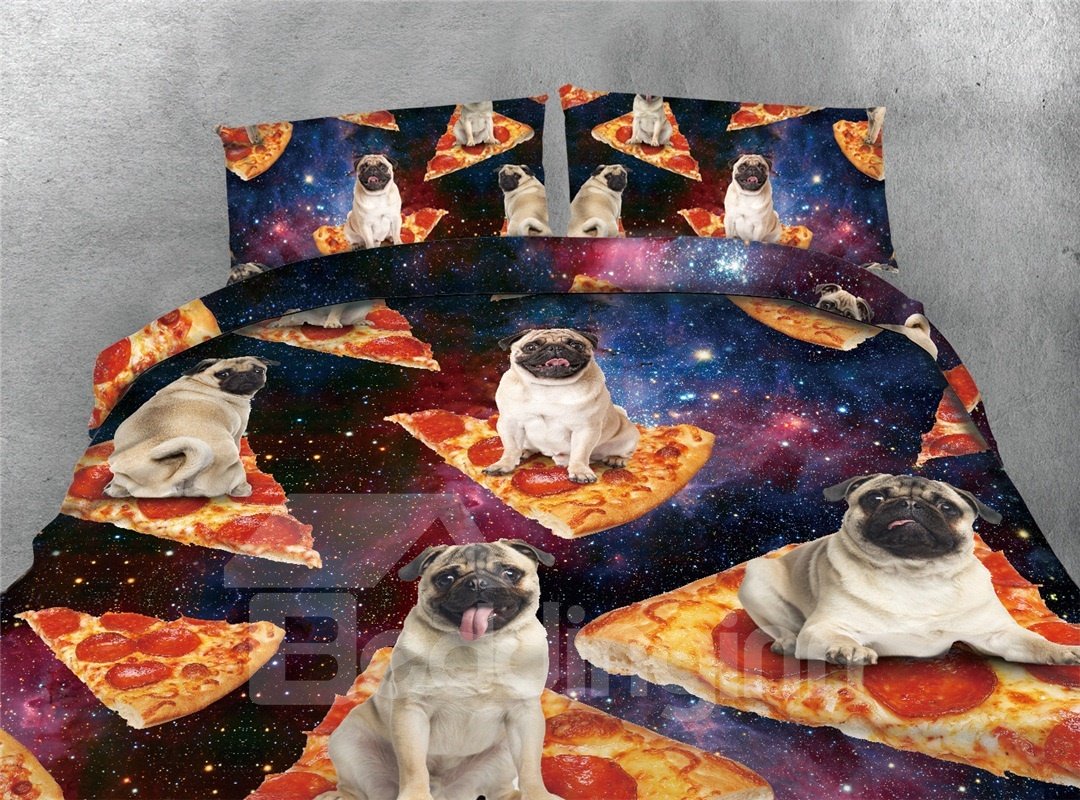 Bulldog and Pizza Galaxy Printing 4-Piece 3D Bedding Sets/Duvet Covers