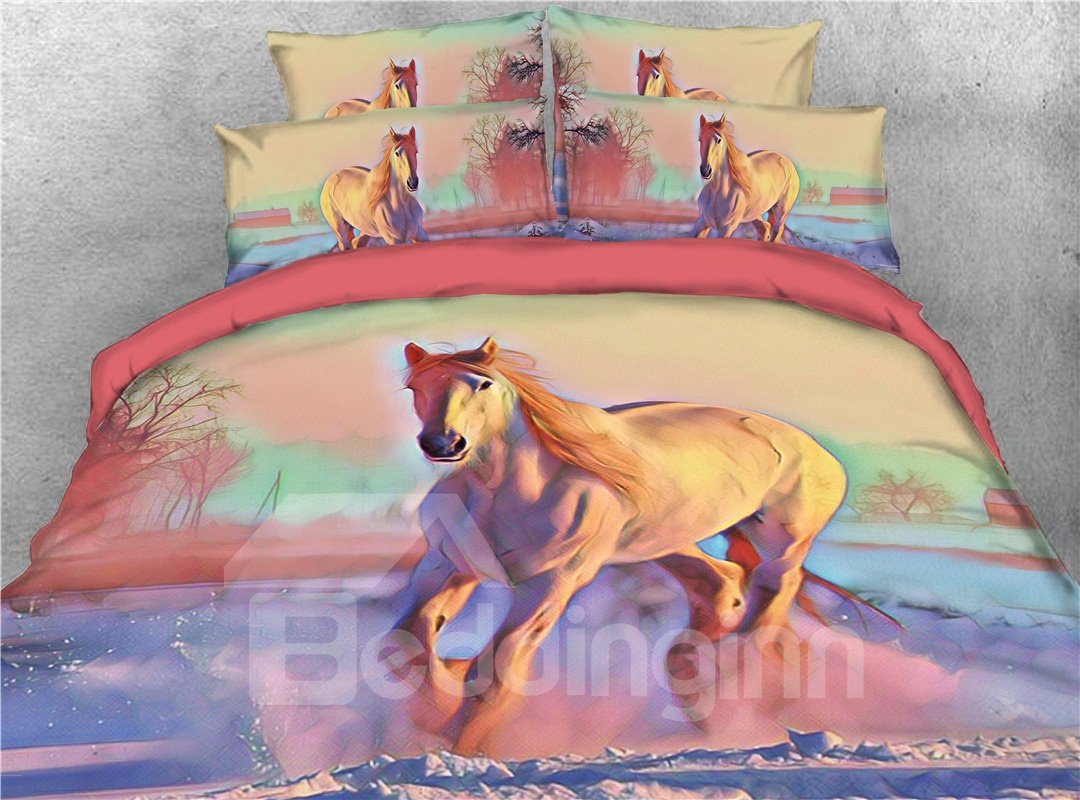 Laufendes Pferd und Landschaft Digitaldruck 3D 4-teiliges Bettwäsche-Set/Bettbezug-Set 