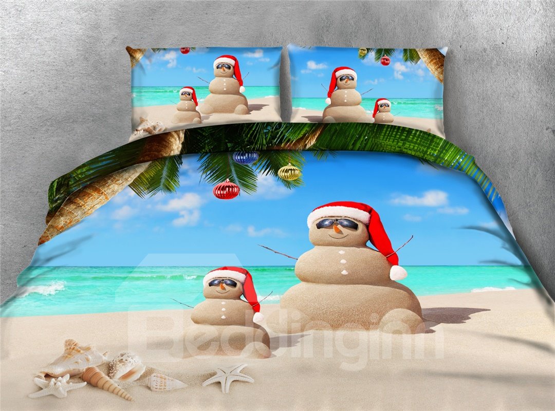 Navidad, hombre de arena y playa, juegos de cama/fundas nórdicas de 4 piezas con impresión 3D
