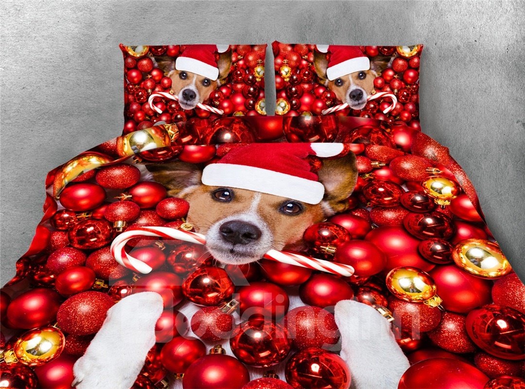 Dog Wearing Christmas Hat and Red Ornaments Printing 4-Piece 3D Bedding Sets/Duvet Covers