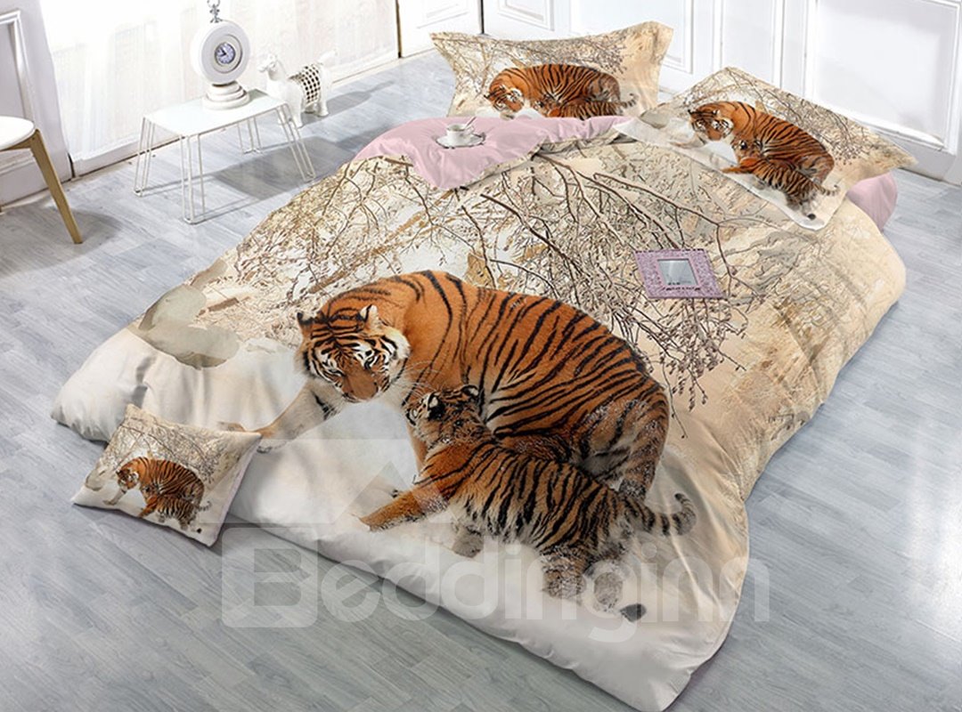 Tigres y nieve, juegos de cama 3D de 4 piezas de algodón de alta calidad, transpirables y resistentes al desgaste de los años 60 