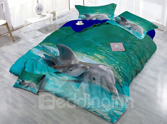 Dolphins Swimming in Sea Wear-resistant Breathable High Quality 60s Cotton 4-Piece 3D Bedding Sets