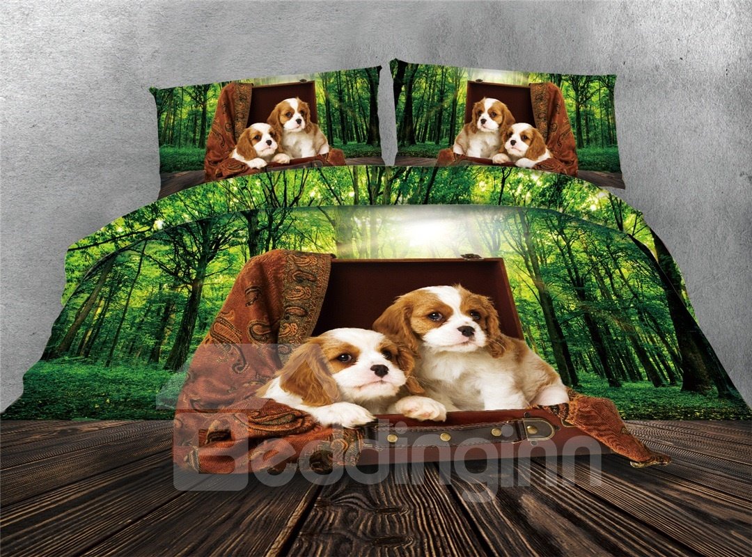4-teilige 3D-Bettwäsche-Sets/Bettbezüge aus Polyester mit Hunde- und grünem Walddruck
