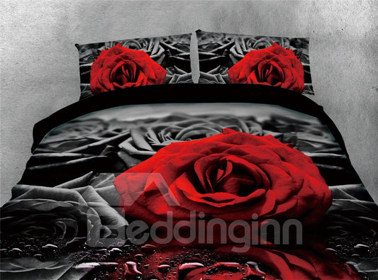 4-teilige 3D-Bettwäsche-Sets/Bettbezüge aus bedrucktem Polyester mit roter Rose und wasserschwarzem Druck