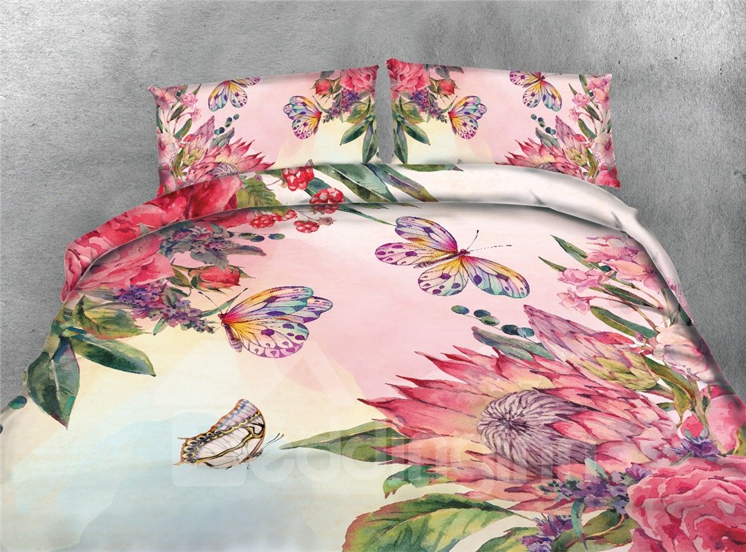Pink Flowers and Butterfly Printing Polyester 4-Piece Bedding Sets/Duvet Covers Colorfast Wear-resistant Endurable