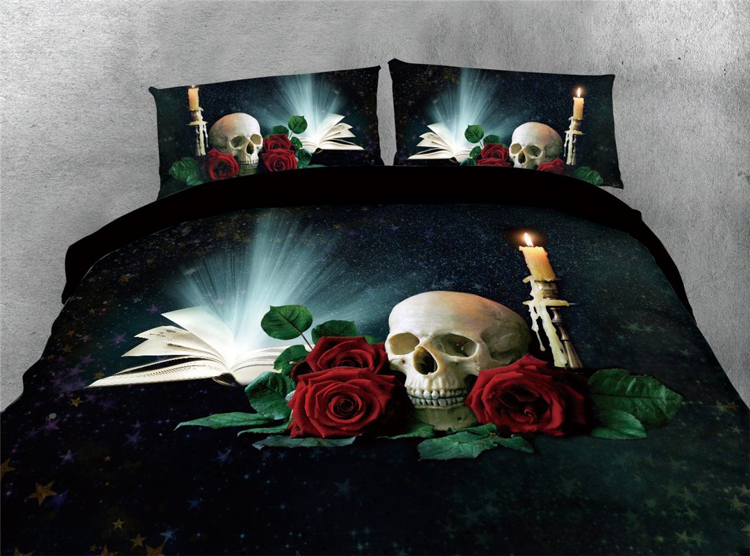 Cráneo y libro brillante que imprimen juegos de cama/fundas nórdicas de poliéster de 4 piezas 3D