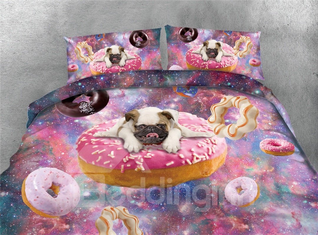 Puppy Dog and Doughnut Galaxy Printing Polyester 4-Piece Bedding Sets/Duvet Covers Wear-resistant Endurable Skin-friendly All-Season