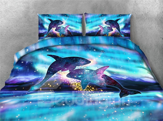 Jumping Dolphins and Shiny Galaxy Printing 4-Piece Blue 3D Bedding Sets/Duvet Covers