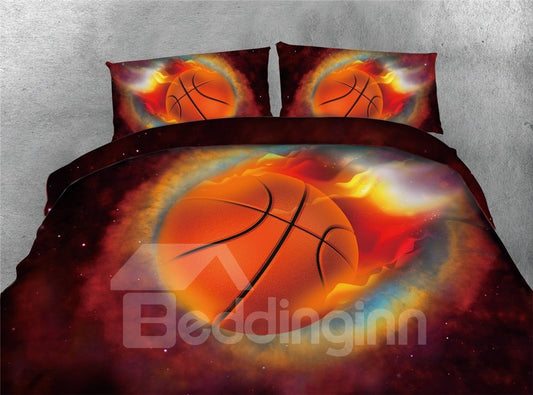 Baloncesto con fuego y galaxia, juegos de cama/fundas nórdicas de poliéster 3D con impresión de 4 piezas