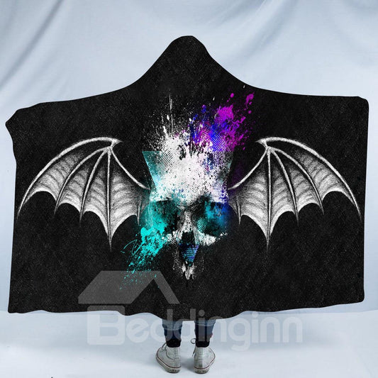 Grey Skull with Wings Printing Polyester Hooded Blanket