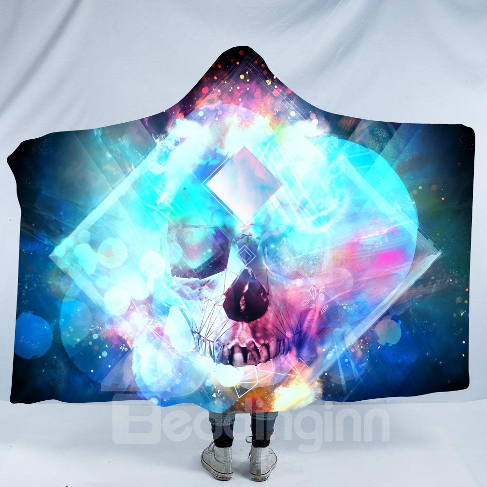 Skull and Cool Green Light Printing Polyester Hooded Blanket