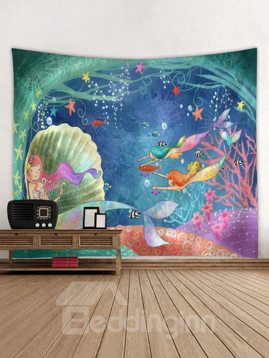 Tapiz de pared colgante decorativo con impresión 3D del mundo submarino de sirenas