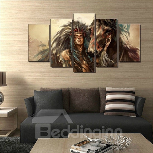 5 Pieces Indian Girl And Horse Pattern Hanging Canvas Waterproof Eco-friendly Framed Prints