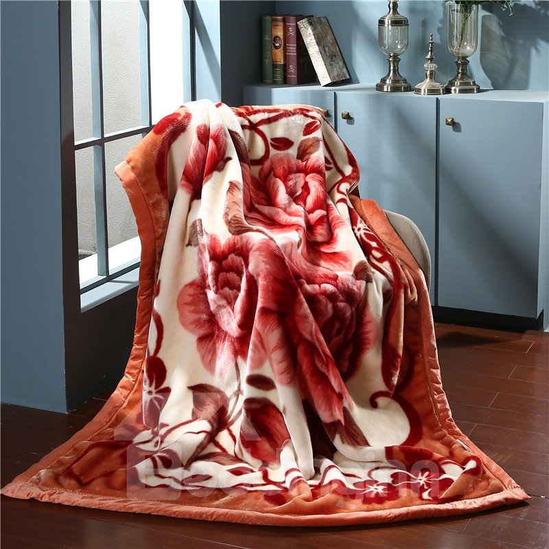 Red Flower Printing Soft Flannel Fleece Bed Blanket for Winter