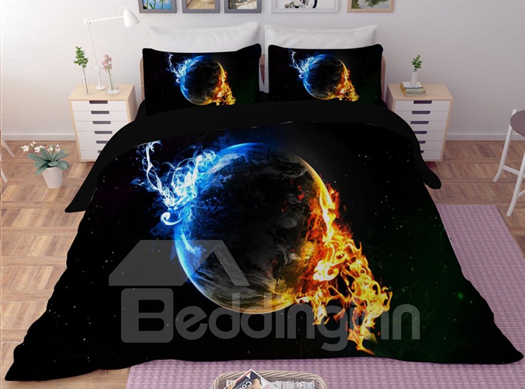 Planet with Blue and Golden Fire Printing Polyester 3D 3-Piece Bedding Sets/Duvet Covers