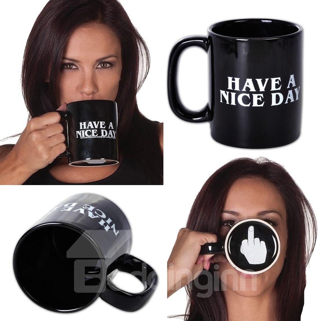 Keramik-Kaffeetasse mit Aufschrift „Have A Nice Day“ und Mittelfinger auf der Unterseite