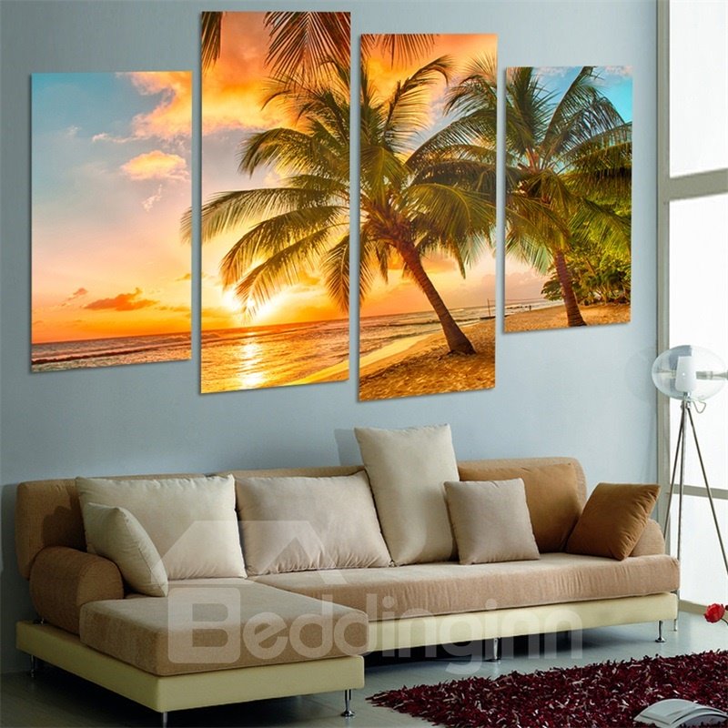 Patrón de paisaje tropical, 4 piezas, lienzo colgante, impresiones de pared enmarcadas ecológicas impermeables