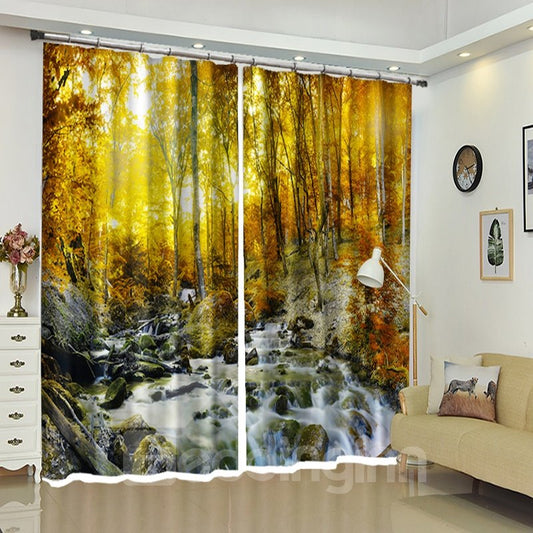 Stream River By The Rocks In Forest 3D Drapes