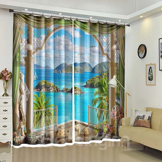 Wonder Land Vista de sus cortinas de ventana, palmeras y mar