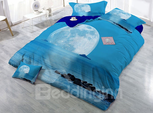 Blaues Meer und Mond, verschleißfeste, atmungsaktive, hochwertige 60er-Jahre-Baumwolle, 4-teiliges 3D-Bettwäsche-Set 