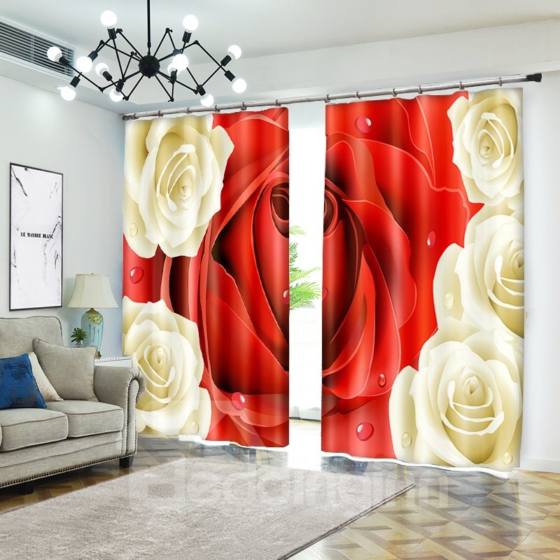 Red Rose Surrounding By Vivid Flower 3D Curtain Drapes