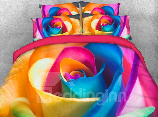 Juego de cama/edredón floral de 5 piezas en 3D, alegre rosa arcoíris, ultra suave con cierre de cremallera y lazos en las esquinas, 2 fundas de almohada, 1 sábana encimera, 1 funda nórdica, 1 edredón de poliéster suave y agradable para la piel 