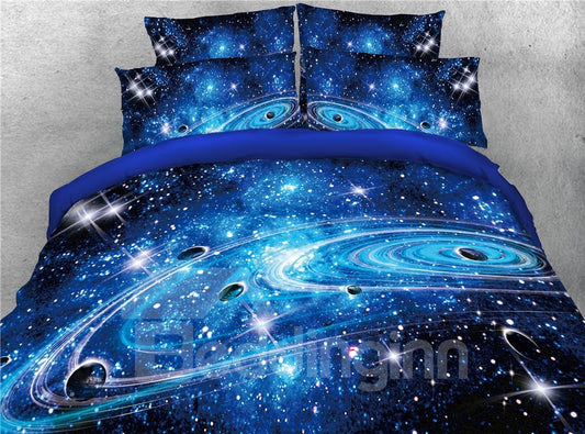 Planeten im blauen Universum, bedrucktes 3D-5-teiliges Bettdecken-Set/Bettwäsche-Set aus Polyester 