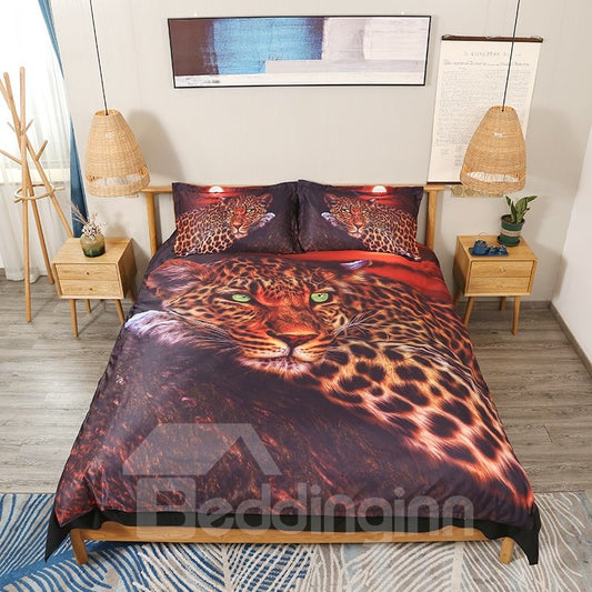 Leopardo salvaje acostado en el tronco Juego de edredón / juego de cama de 5 piezas con estampado animal 3D Poliéster 