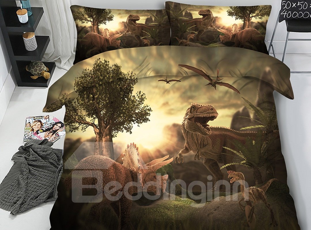 Jurassic World Thema Dinosaurier 3D-Druck 5-teiliges Bettdecken-Set/Bettwäsche-Set aus weichem Polyester 