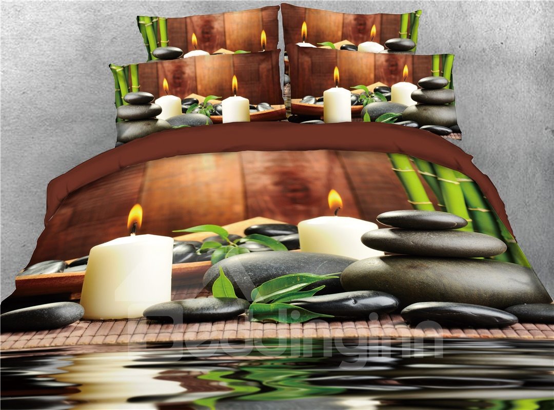 4-teilige 3D-Bettwäsche-Sets/Bettbezüge mit Kerzen-Kopfsteinpflaster und Bambus-Aufdruck