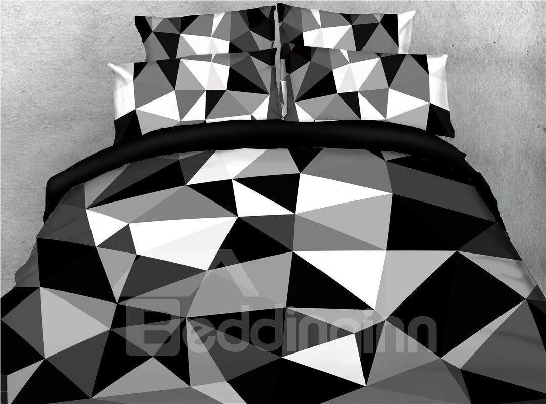 Schwarz-weißes abstraktes geometrisches bedrucktes 4-teiliges 3D-Bettbezug-Set/Bettwäsche-Set aus Mikrofaser 