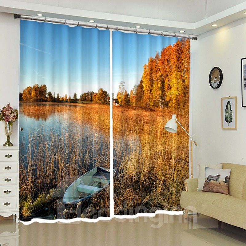 Still Boat in River Near Yellow Forest Natural Scenery 3D Curtain