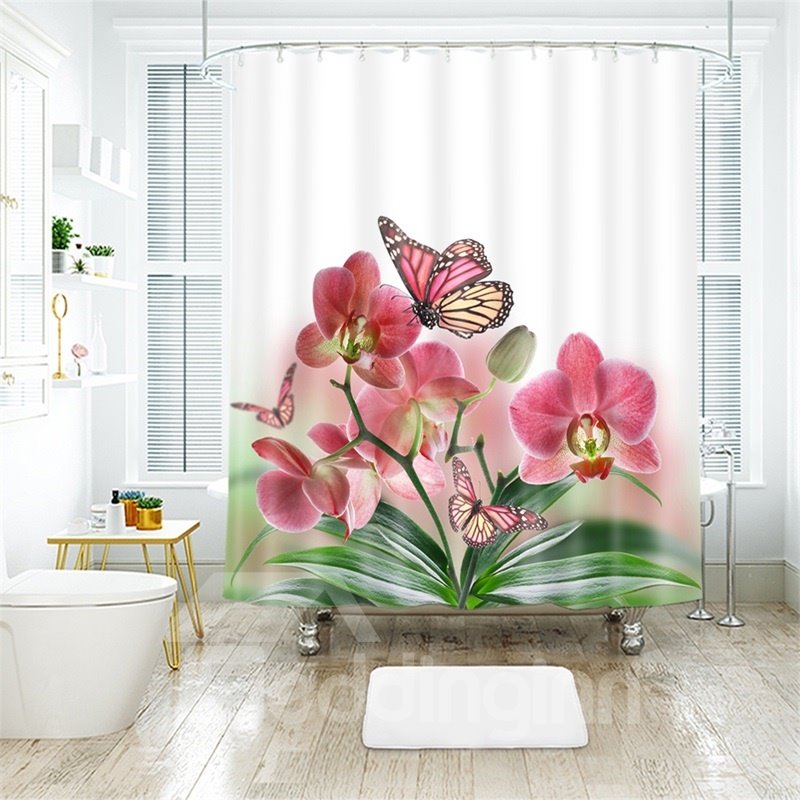 Cortina de ducha de baño de poliéster con estampado de flores y mariposas en 3D