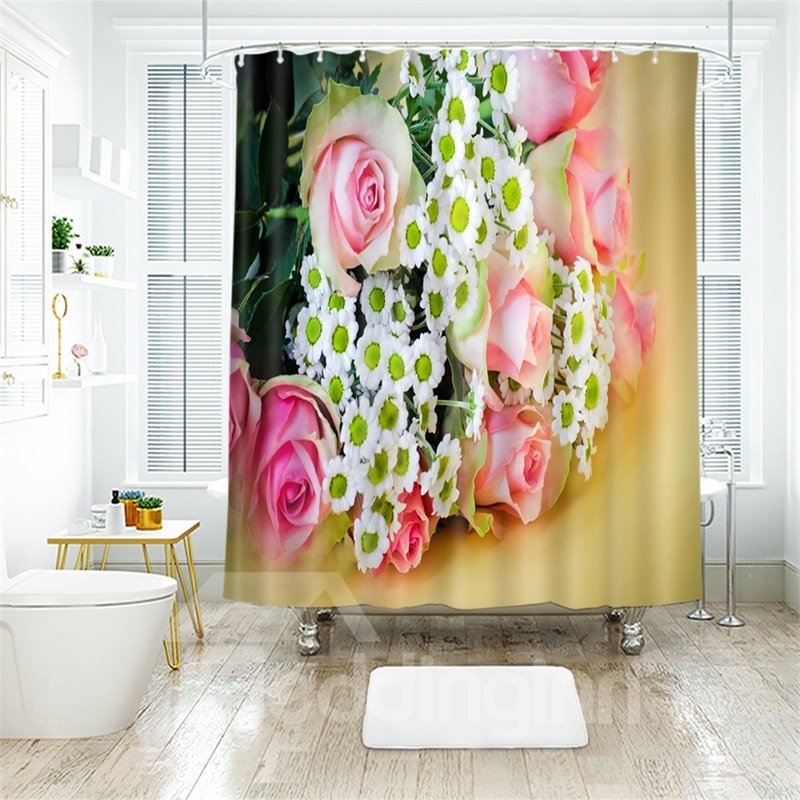 Cortina de ducha de baño de poliéster impresa con un ramo de rosas en 3D