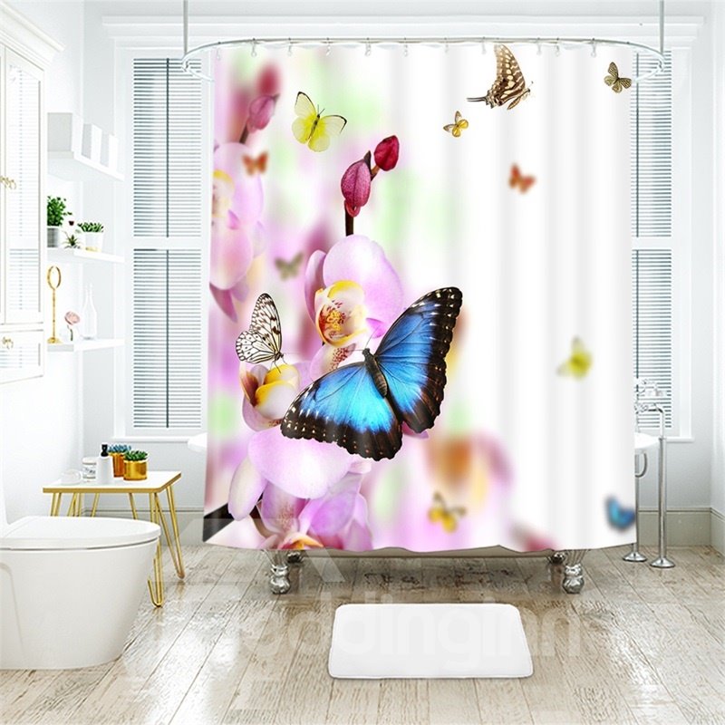 Cortina de ducha de baño de poliéster con estampado de mariposas vívidas en 3D