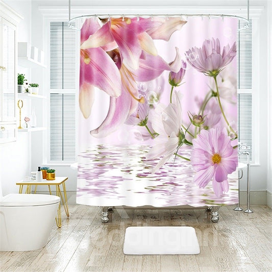 Cortina de ducha de baño de poliéster con estampado de flores rosadas 3D