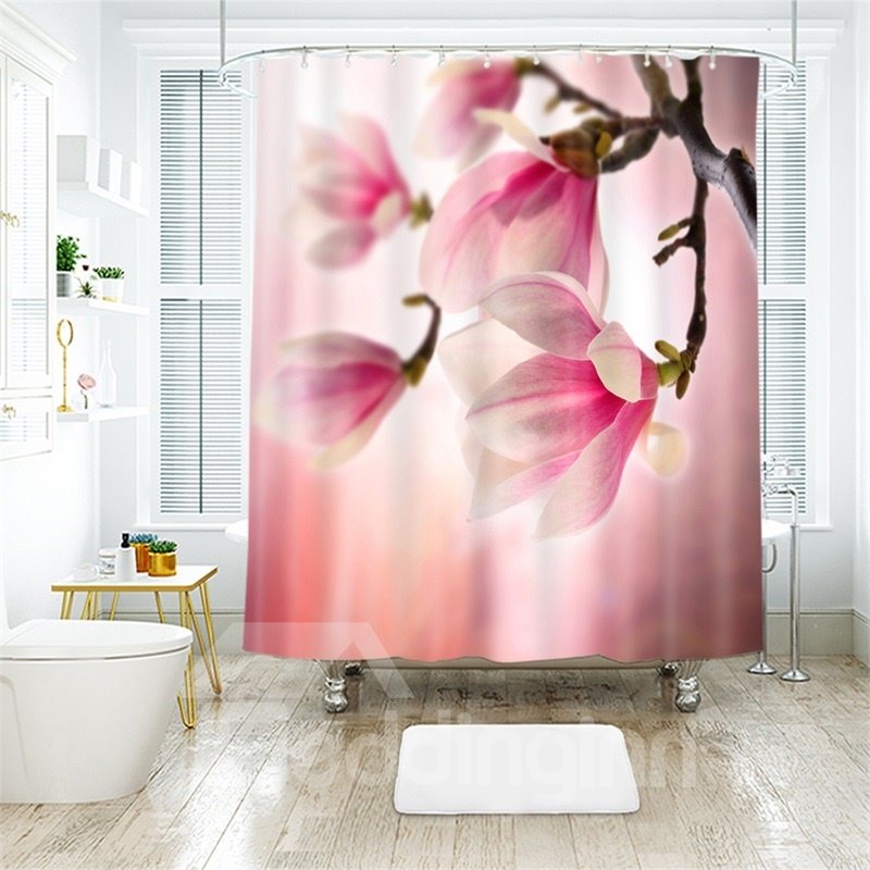 Cortina de ducha de baño de poliéster impresa con flor de melocotón rosa 3D