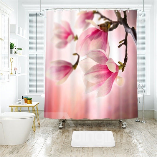 Cortina de ducha de baño de poliéster impresa con flor de melocotón rosa 3D