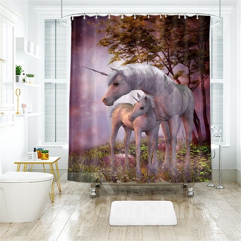 Cortina de ducha de baño de poliéster impresa en 3D con dos unicornios