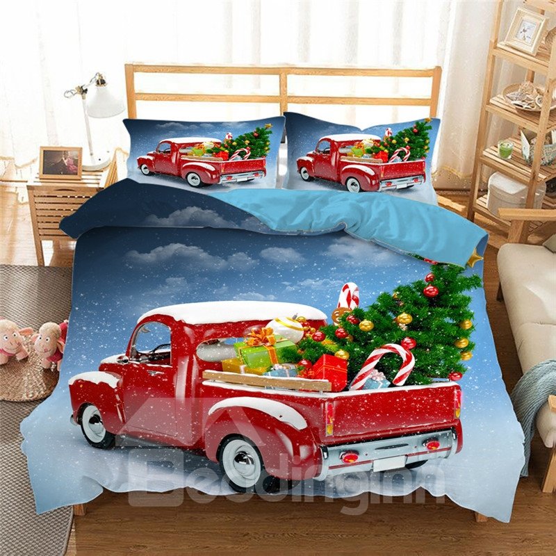 Rotes Auto voller Geschenke 3D 4-teiliges Weihnachtsbettwäsche-Set/Bettbezug-Set Blau