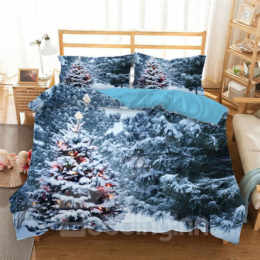 Baum ist mit Schnee bedeckt 3D 4-teiliges Weihnachtsbettwäsche-Set/Bettbezug-Set
