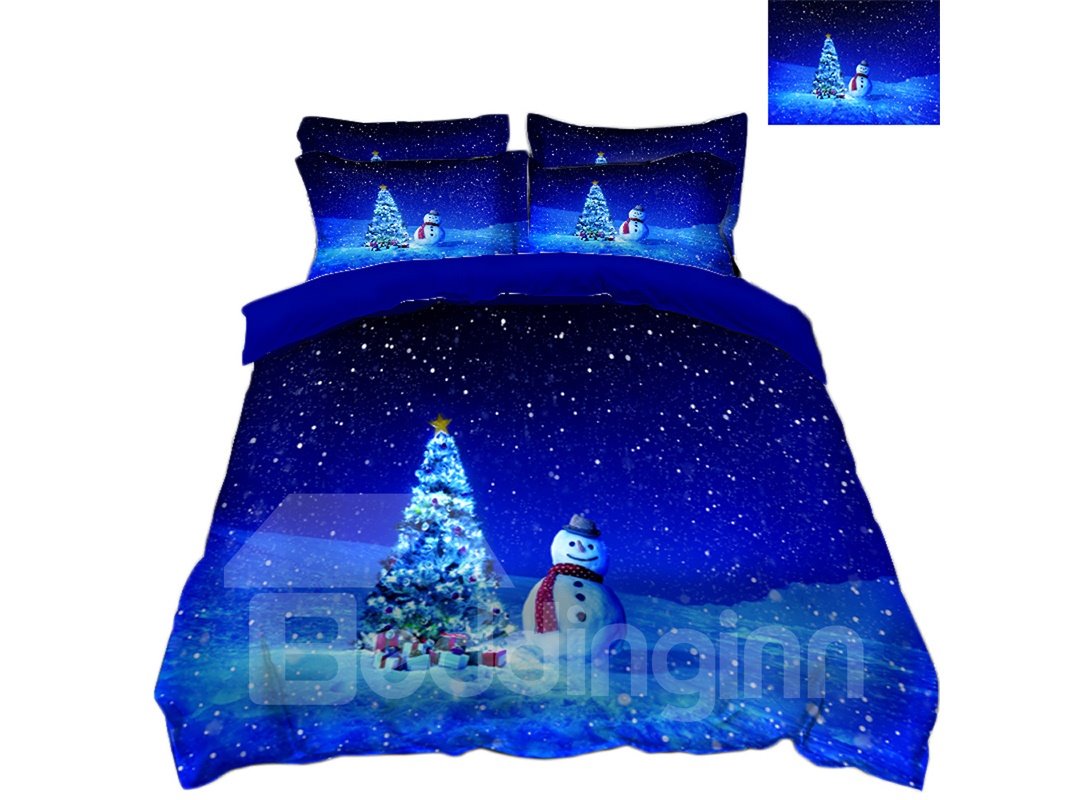 4-teiliges 3D-Bettwäsche-Set/Bettbezüge mit Weihnachtsbaum und Schneemann, blaue verschneite Nacht