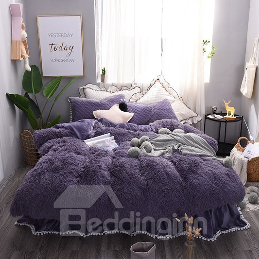 Juego de funda nórdica con faldas de cama mullidas de estilo princesa, color morado liso, 4 piezas, con lazos de cremallera