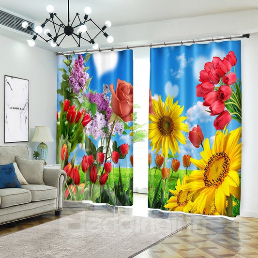 Flor colorida: cortina opaca 3D de girasol, lirio y rosa